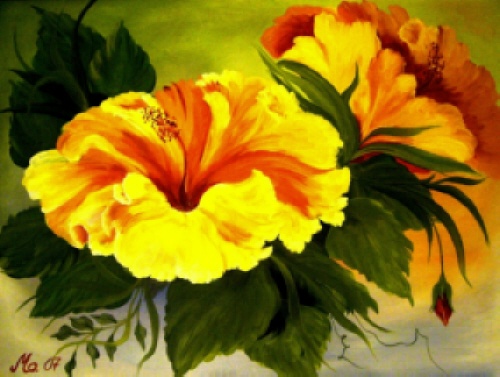 Gelber Hibiskus, Öl auf Hartfaserplatte, 80 x 60 cm